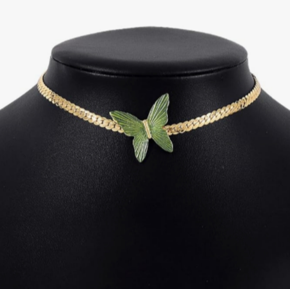 Green Metal Butterfly Necklace Gold Chain Choker Minimalist Butterflies Moth